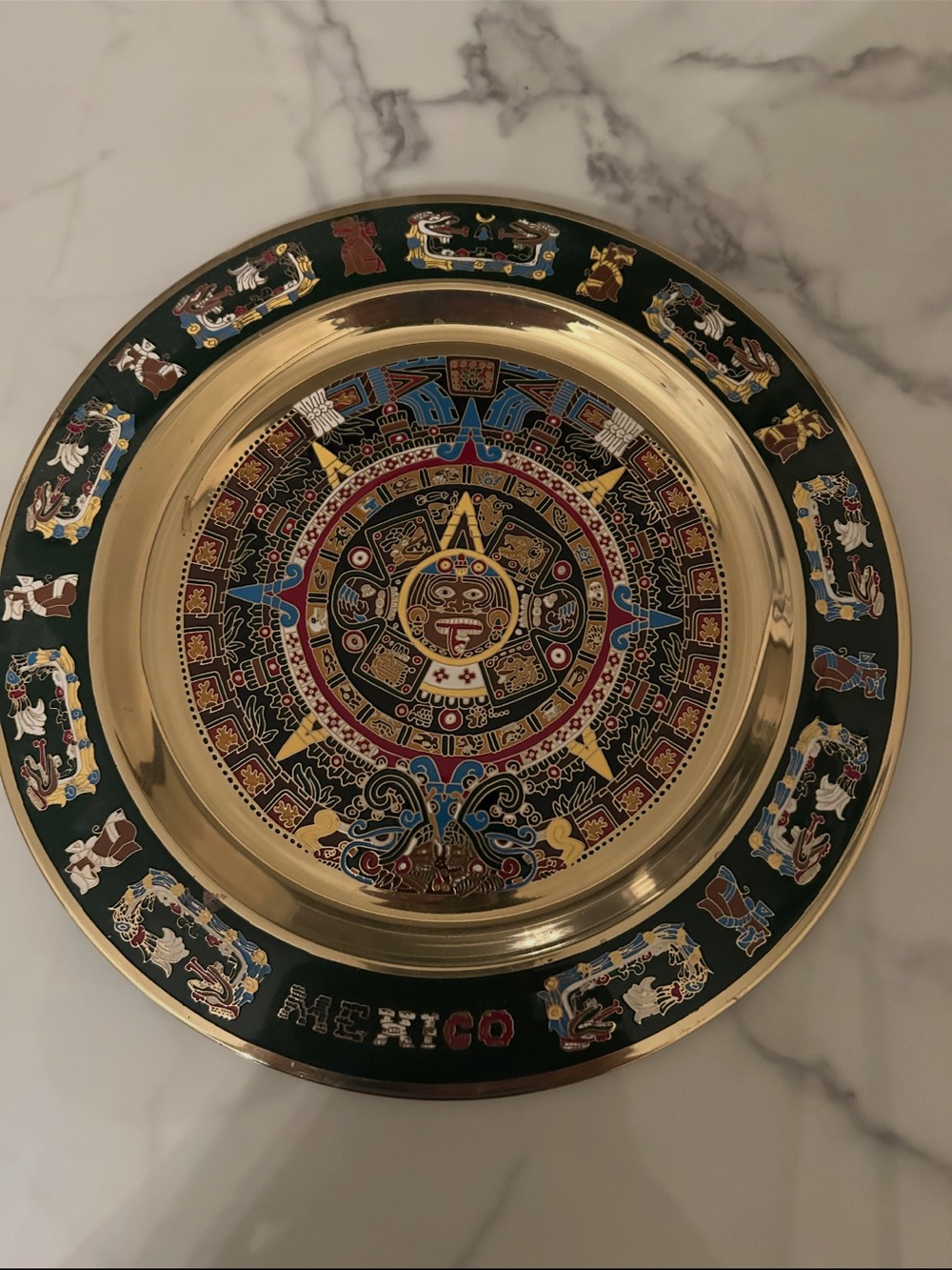 Vintage Gold and Black Aztec Motif Serving Tray by Vintage